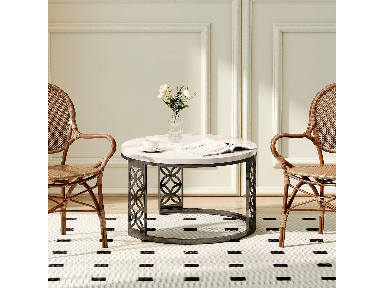 Set di 2 tavolini nido rotondi con piano effetto marmo bianco, struttura metallica nera, mobile per soggiorno di design