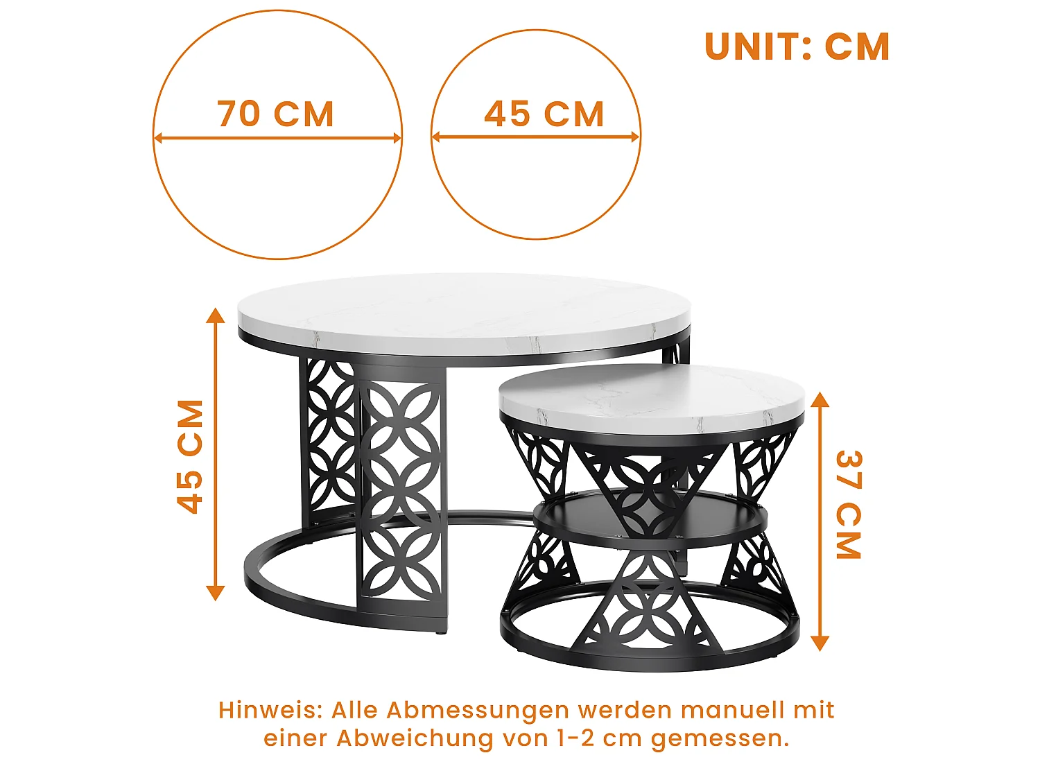 Set di 2 tavolini nido rotondi con piano effetto marmo bianco, struttura metallica nera, mobile per soggiorno di design