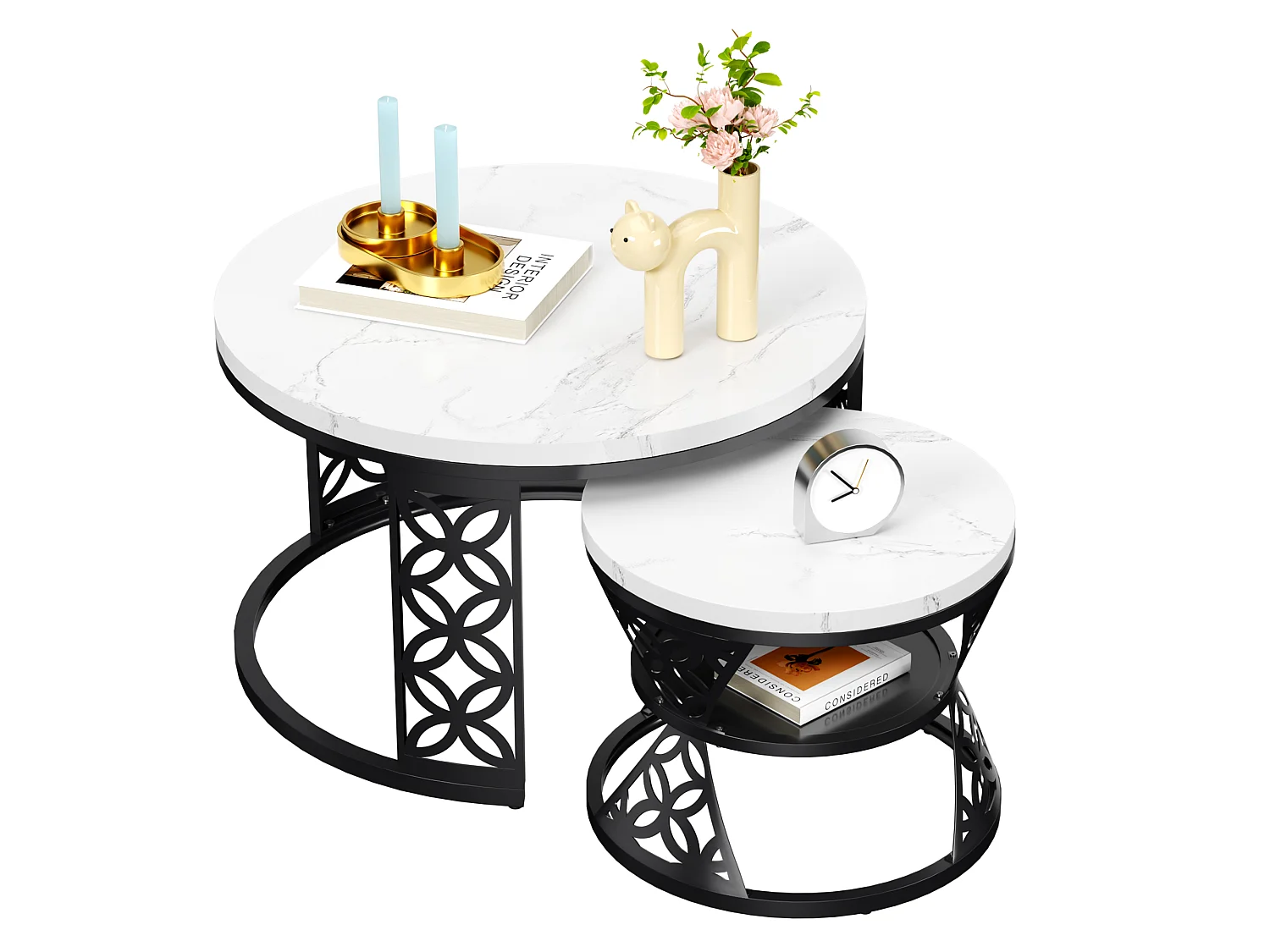 Set di 2 tavolini nido rotondi con piano effetto marmo bianco, struttura metallica nera, mobile per soggiorno di design