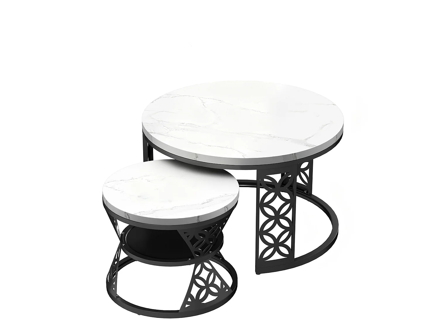 Set di 2 tavolini nido rotondi con piano effetto marmo bianco, struttura metallica nera, mobile per soggiorno di design