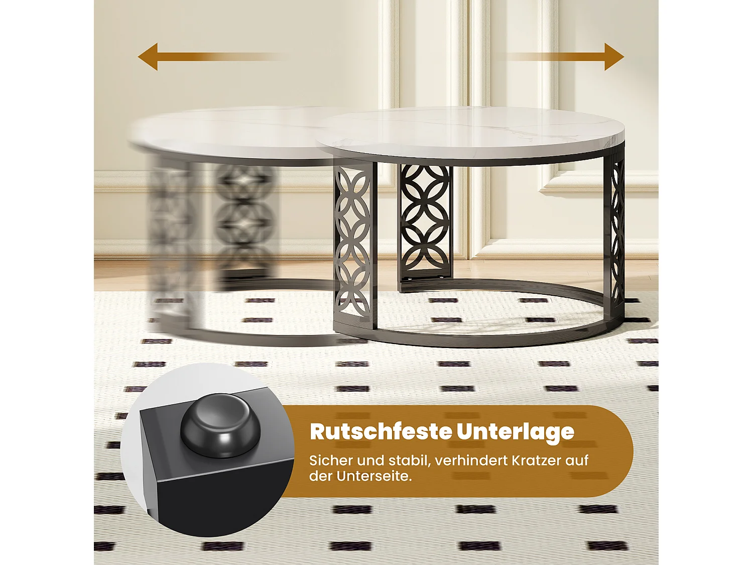 Set di 2 tavolini nido rotondi con piano effetto marmo bianco, struttura metallica nera, mobile per soggiorno di design