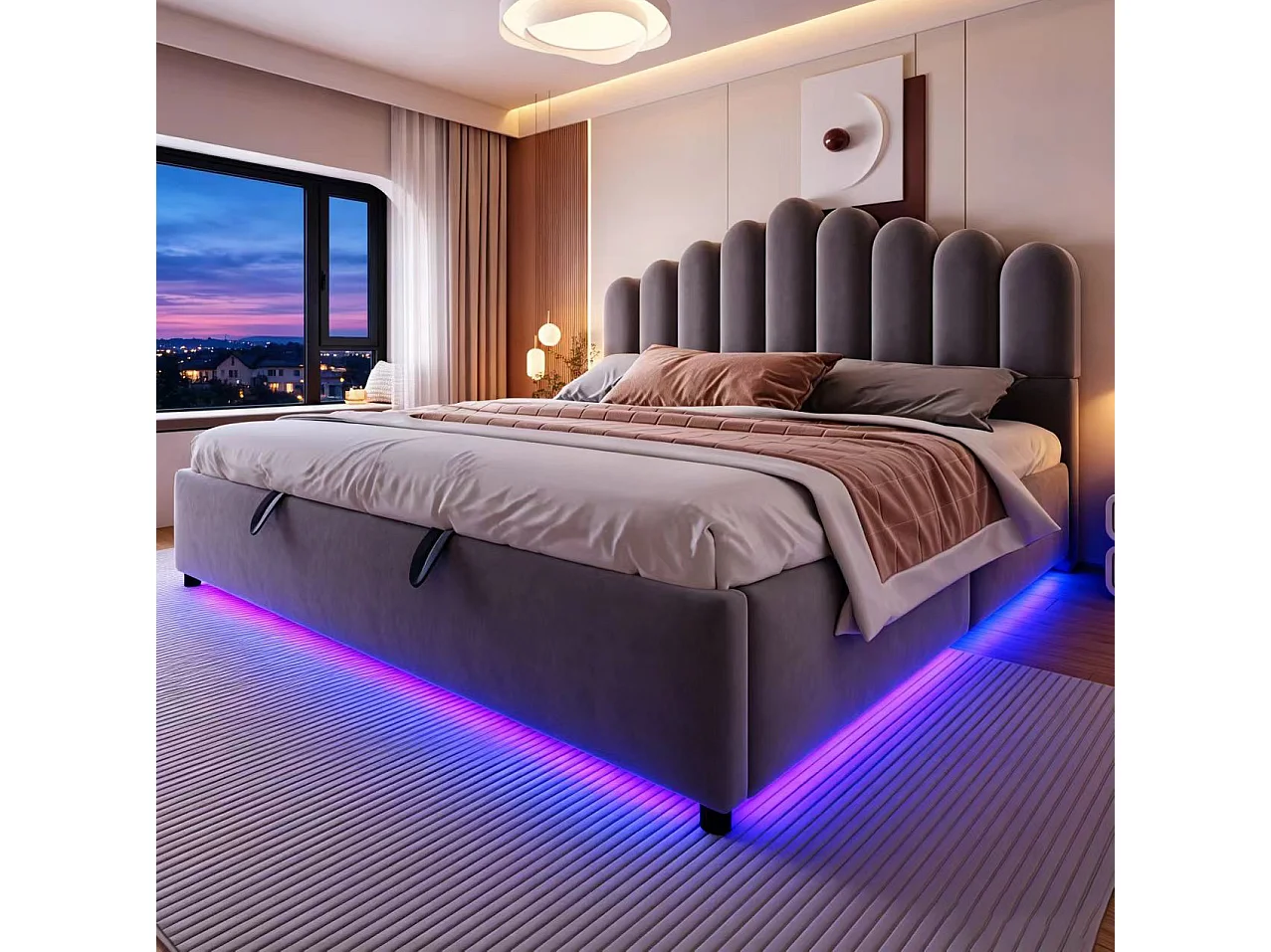 Cama com baú 180 x 200 cm em veludo cinzento, com iluminação LED e arrumação hidráulica, sem colchão