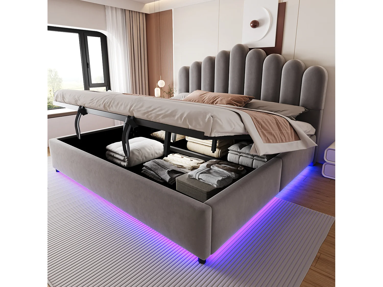 Cama com baú 180 x 200 cm em veludo cinzento, com iluminação LED e arrumação hidráulica, sem colchão