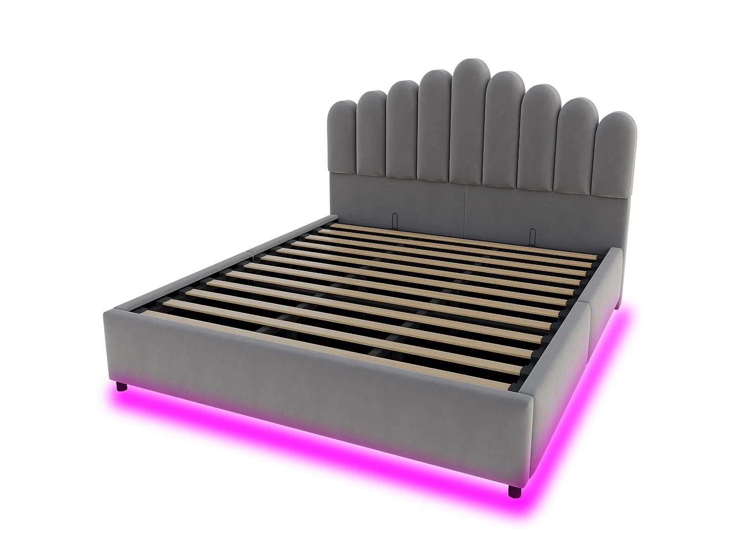 Cama com baú 180 x 200 cm em veludo cinzento, com iluminação LED e arrumação hidráulica, sem colchão