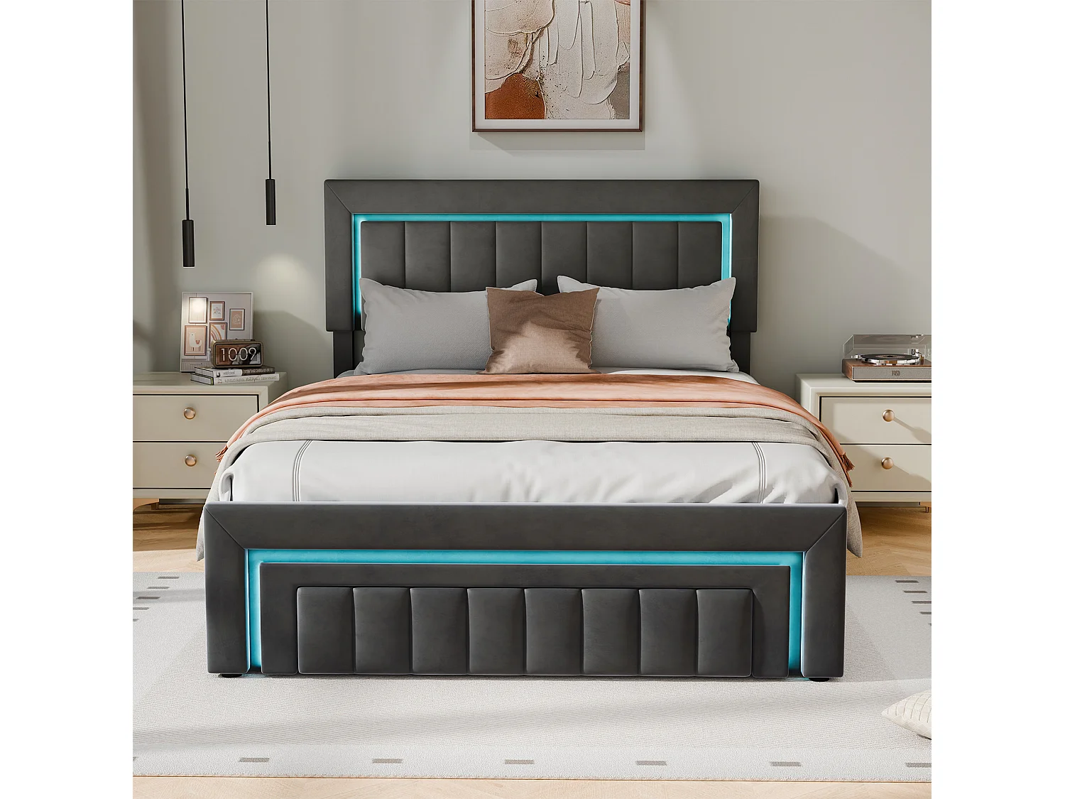 Lit coffre 140x190 cm avec tiroir, éclairage LED et sommier à lattes, en velours gris foncé, sans matelas