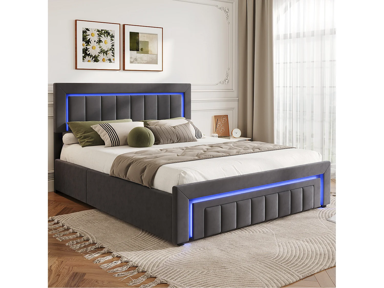 Lit coffre 140x190 cm avec tiroir, éclairage LED et sommier à lattes, en velours gris foncé, sans matelas