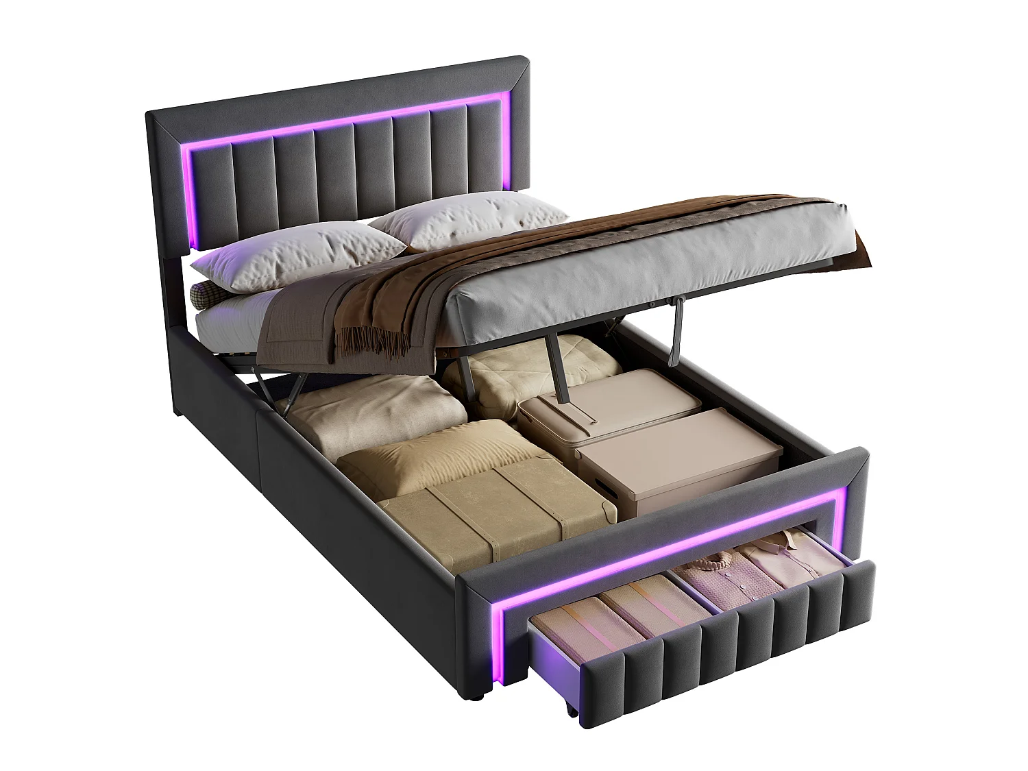Lit coffre 140x190 cm avec tiroir, éclairage LED et sommier à lattes, en velours gris foncé, sans matelas