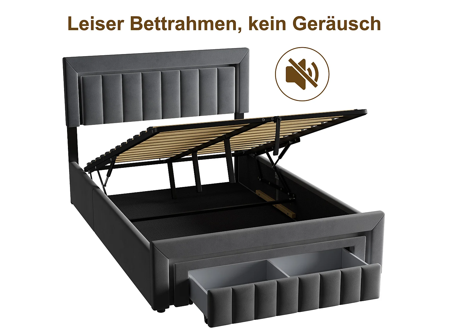 Lit coffre 140x190 cm avec tiroir, éclairage LED et sommier à lattes, en velours gris foncé, sans matelas