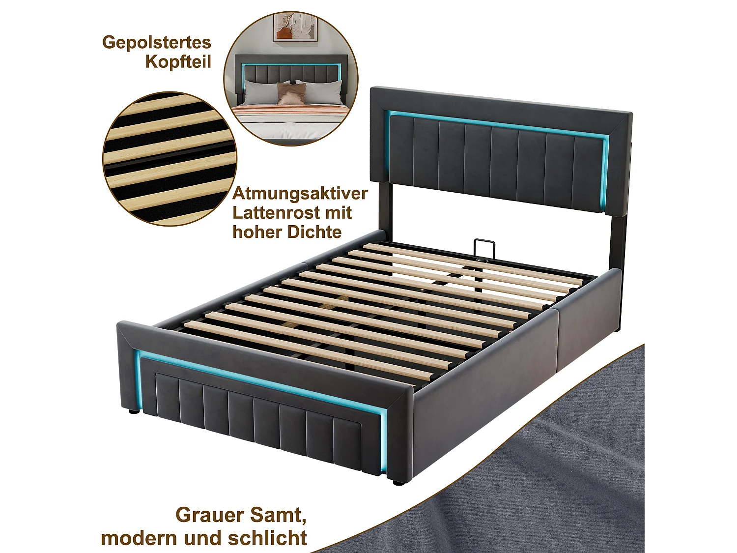 Lit coffre 140x190 cm avec tiroir, éclairage LED et sommier à lattes, en velours gris foncé, sans matelas