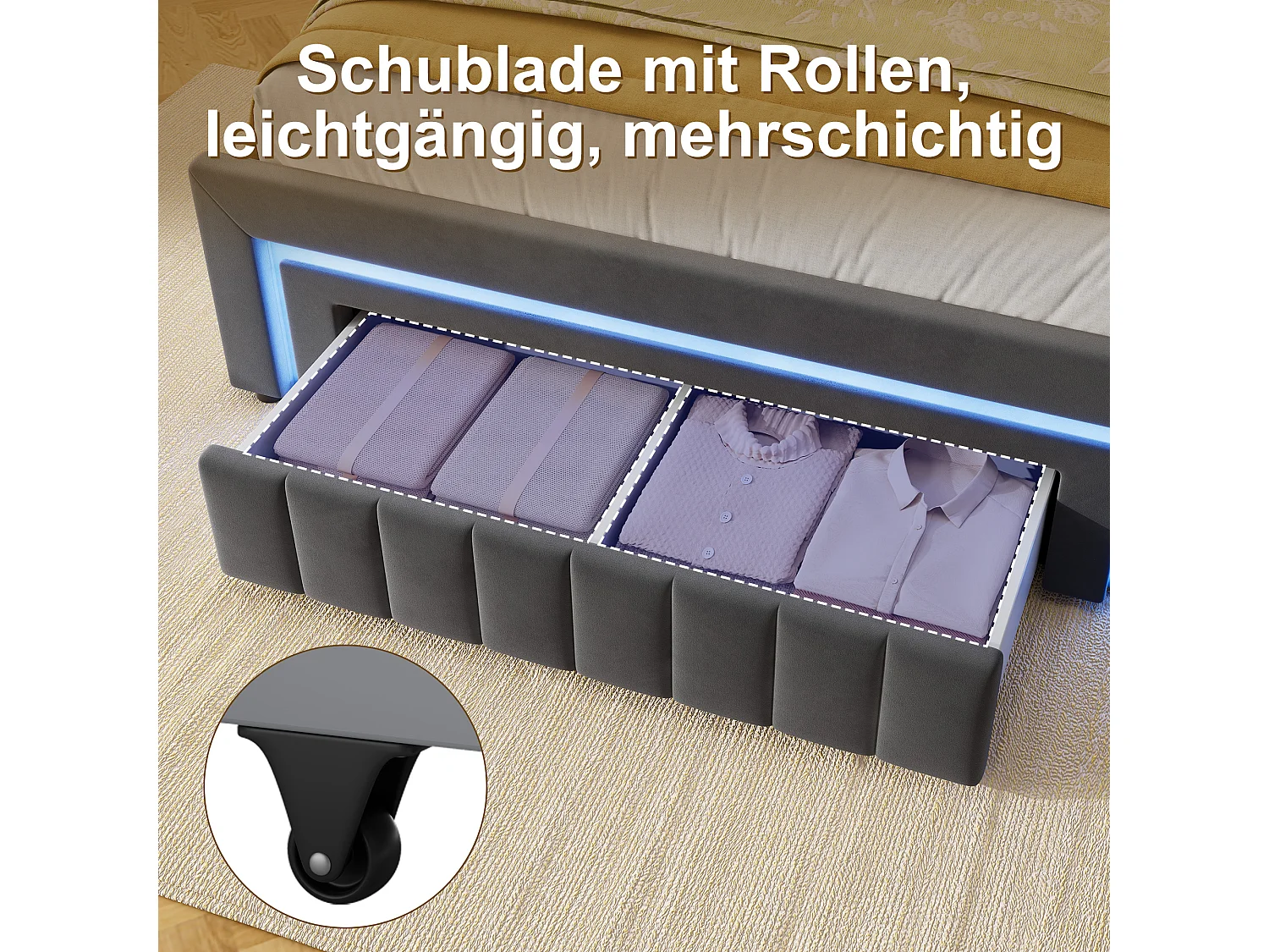 Lit coffre 140x190 cm avec tiroir, éclairage LED et sommier à lattes, en velours gris foncé, sans matelas