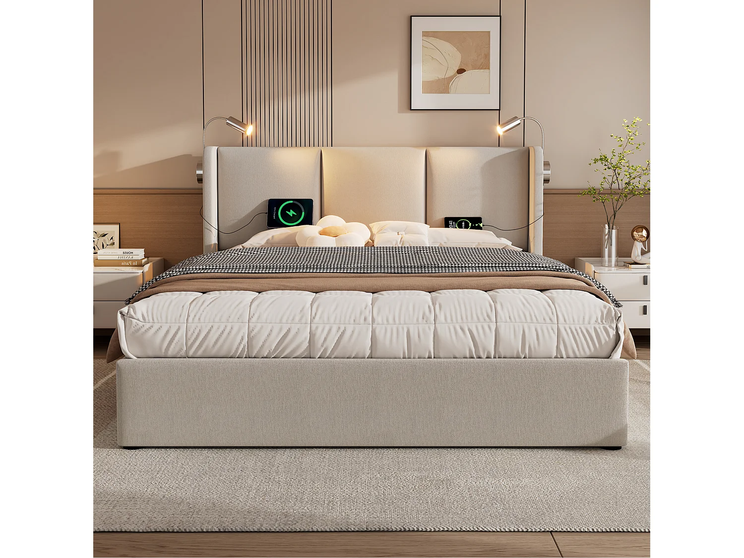 Lit coffre 180 x 200 cm en lin beige avec éclairage LED intégré, lampes de lecture, ports USB et Type-C, sans matelas