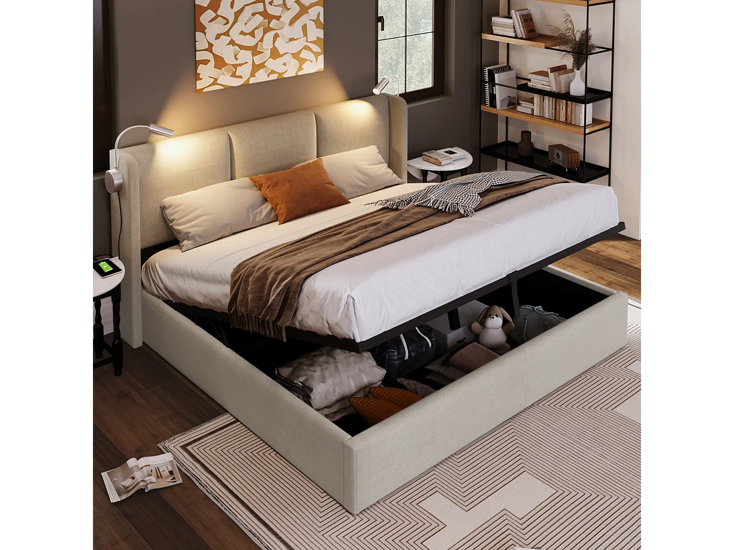 Lit coffre 180 x 200 cm en lin beige avec éclairage LED intégré, lampes de lecture, ports USB et Type-C, sans matelas