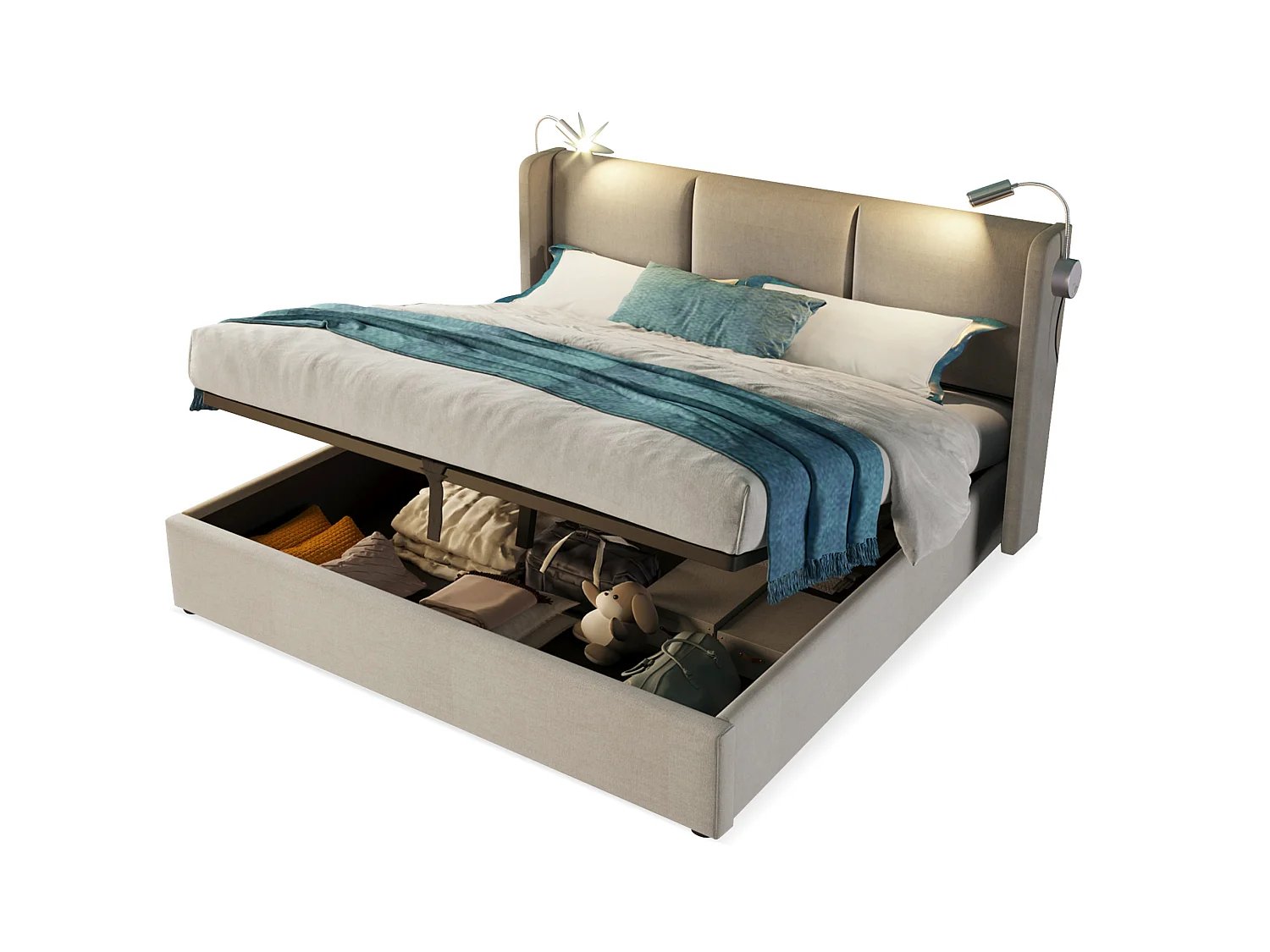 Lit coffre 180 x 200 cm en lin beige avec éclairage LED intégré, lampes de lecture, ports USB et Type-C, sans matelas