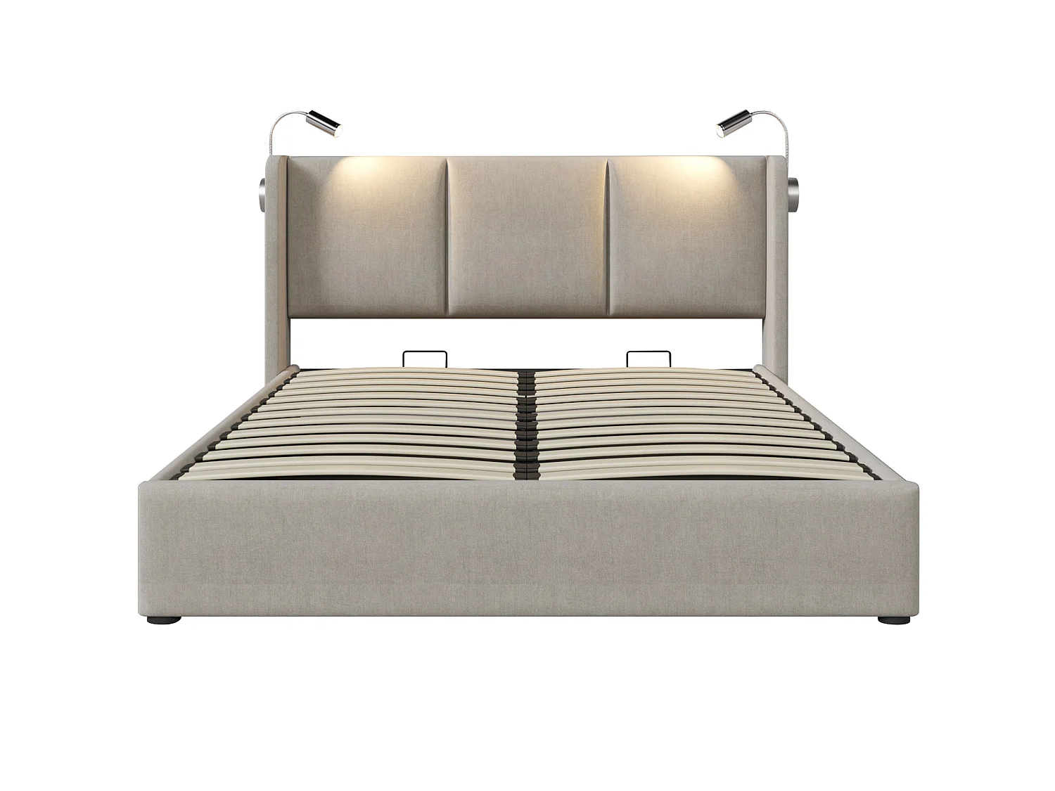 Lit coffre 180 x 200 cm en lin beige avec éclairage LED intégré, lampes de lecture, ports USB et Type-C, sans matelas