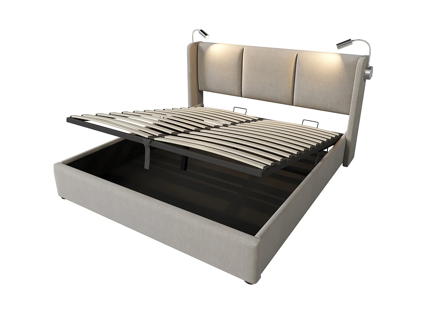 Lit coffre 180 x 200 cm en lin beige avec éclairage LED intégré, lampes de lecture, ports USB et Type-C, sans matelas