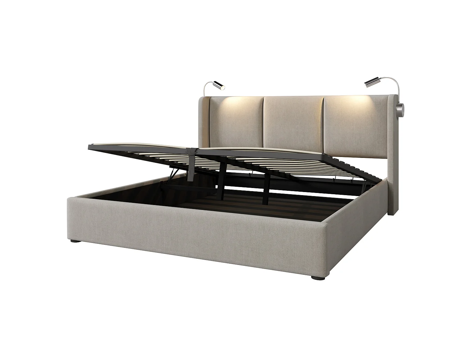 Lit coffre 180 x 200 cm en lin beige avec éclairage LED intégré, lampes de lecture, ports USB et Type-C, sans matelas