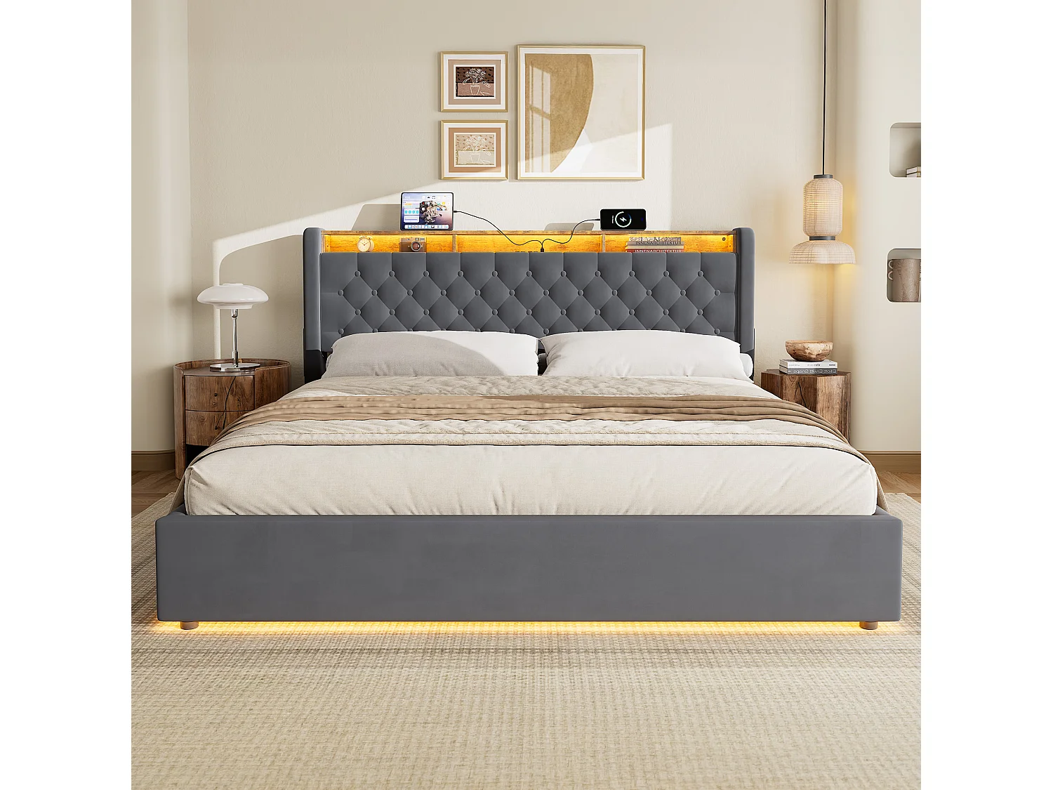Lit coffre 180x200 cm avec éclairage LED, tête de lit avec rangement et sommier à lattes, en velours gris foncé, sans matelas
