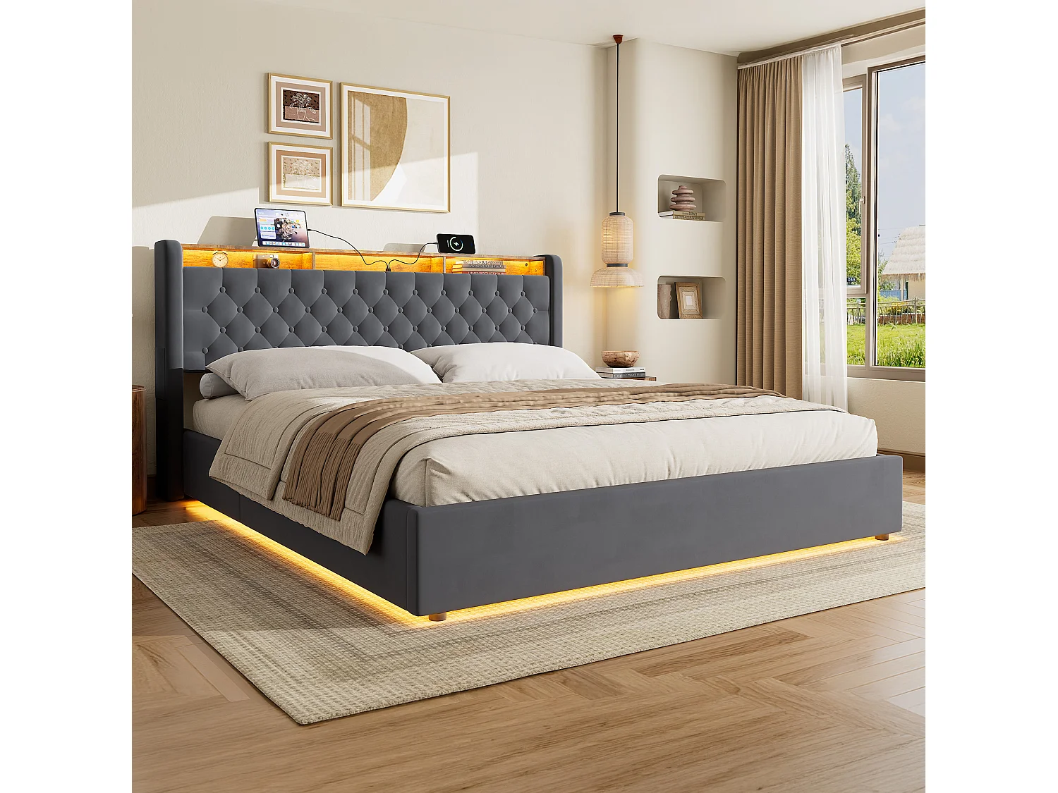 Lit coffre 180x200 cm avec éclairage LED, tête de lit avec rangement et sommier à lattes, en velours gris foncé, sans matelas