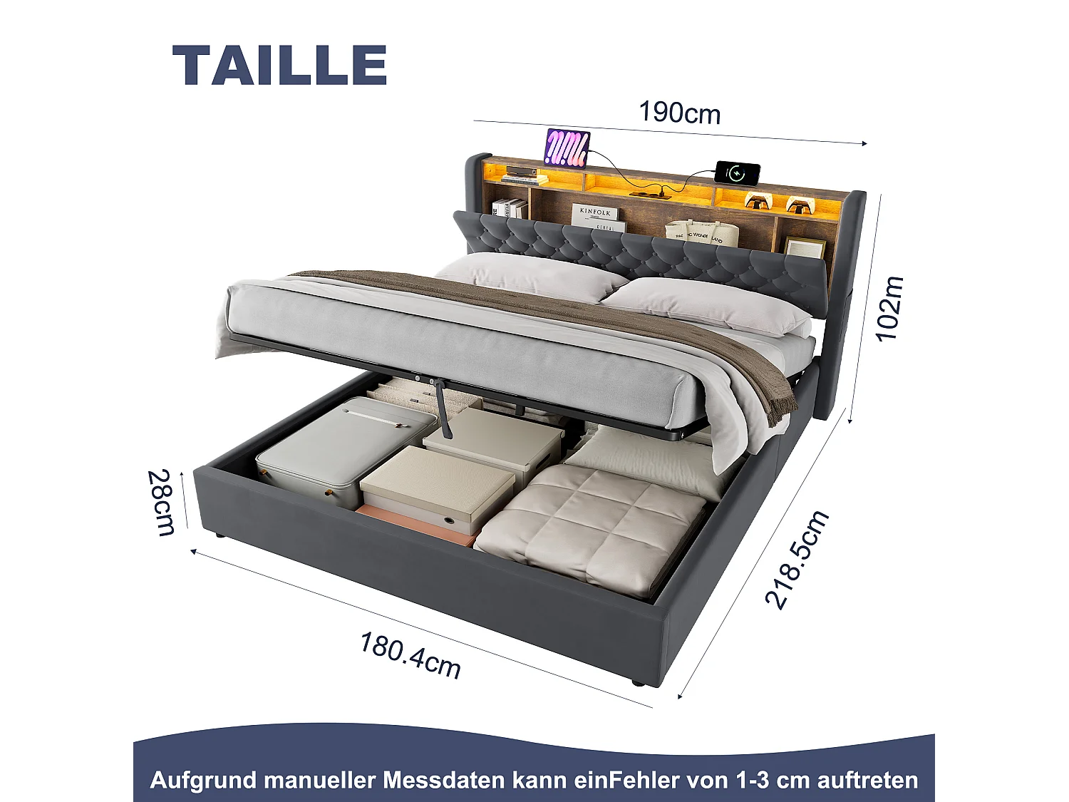 Lit coffre 180x200 cm avec éclairage LED, tête de lit avec rangement et sommier à lattes, en velours gris foncé, sans matelas