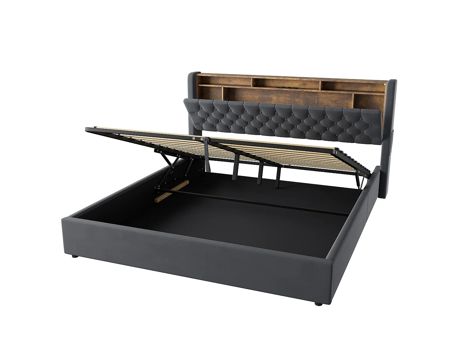 Lit coffre 180x200 cm avec éclairage LED, tête de lit avec rangement et sommier à lattes, en velours gris foncé, sans matelas