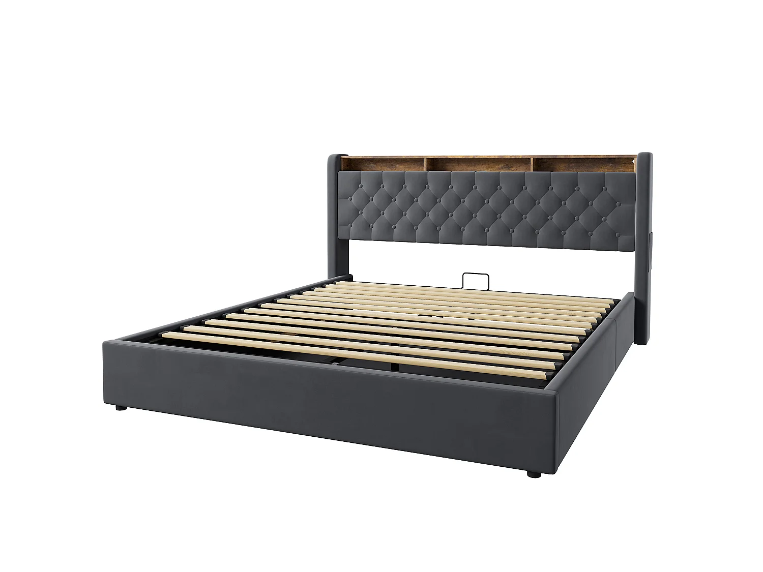 Lit coffre 180x200 cm avec éclairage LED, tête de lit avec rangement et sommier à lattes, en velours gris foncé, sans matelas