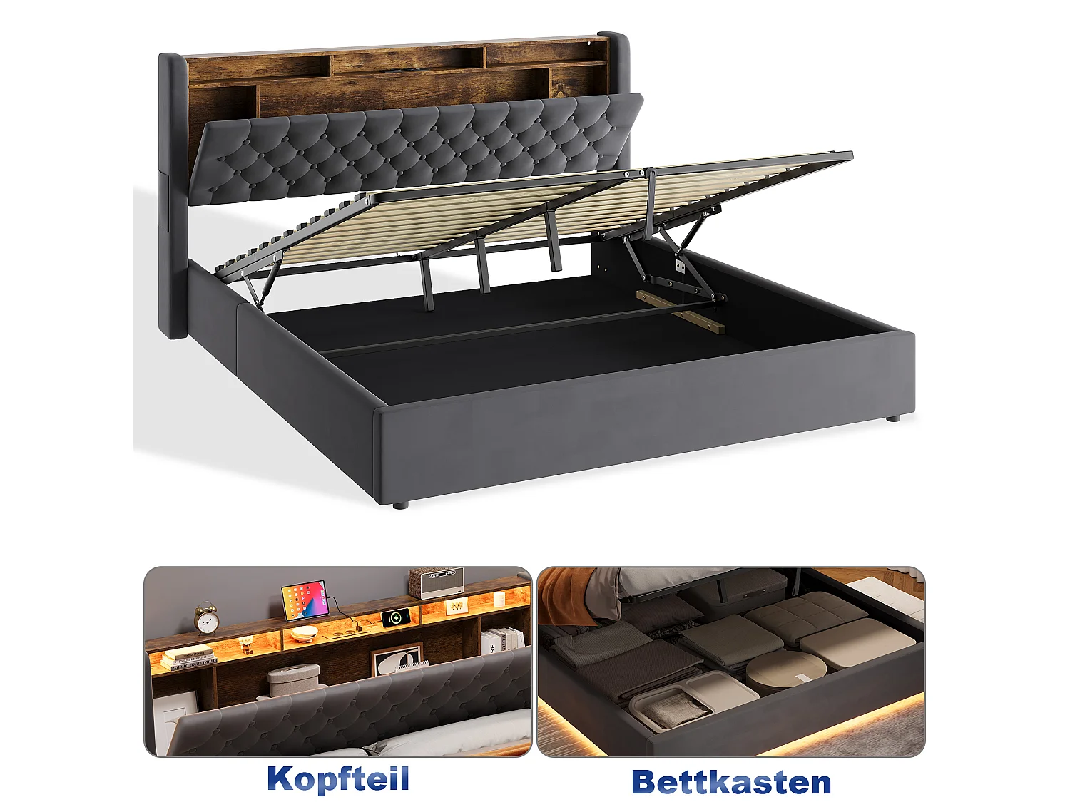 Lit coffre 180x200 cm avec éclairage LED, tête de lit avec rangement et sommier à lattes, en velours gris foncé, sans matelas
