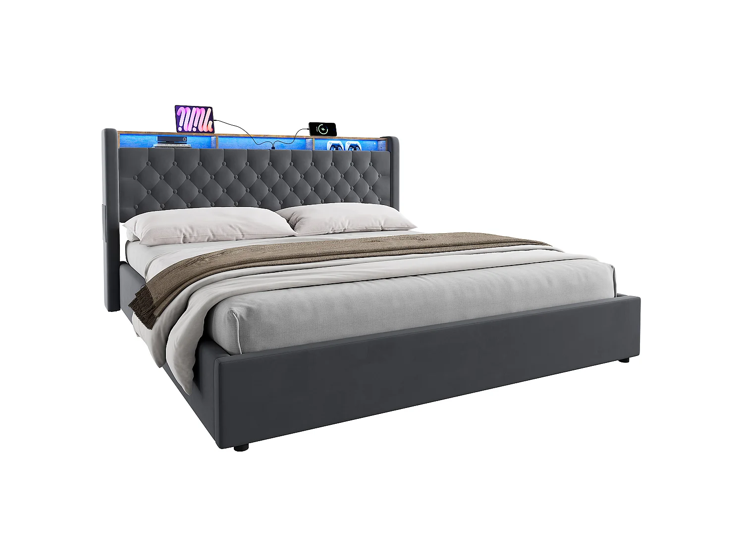 Lit coffre 180x200 cm avec éclairage LED, tête de lit avec rangement et sommier à lattes, en velours gris foncé, sans matelas
