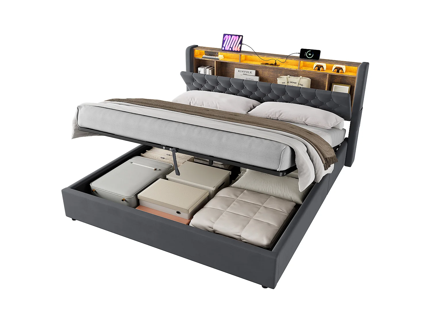 Lit coffre 180x200 cm avec éclairage LED, tête de lit avec rangement et sommier à lattes, en velours gris foncé, sans matelas