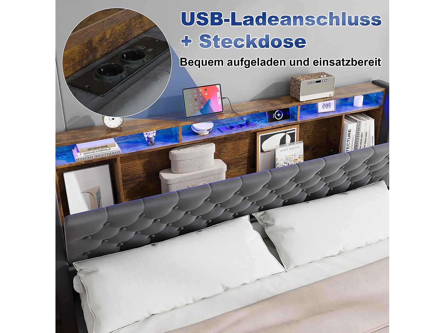 Lit coffre 180x200 cm avec éclairage LED, tête de lit avec rangement et sommier à lattes, en velours gris foncé, sans matelas
