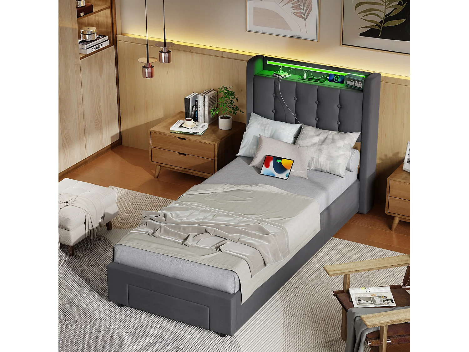 Lit coffre 90x190 cm avec tiroirs, LED, USB et sommier à lattes, rangement de chevet, en velours gris, sans matelas