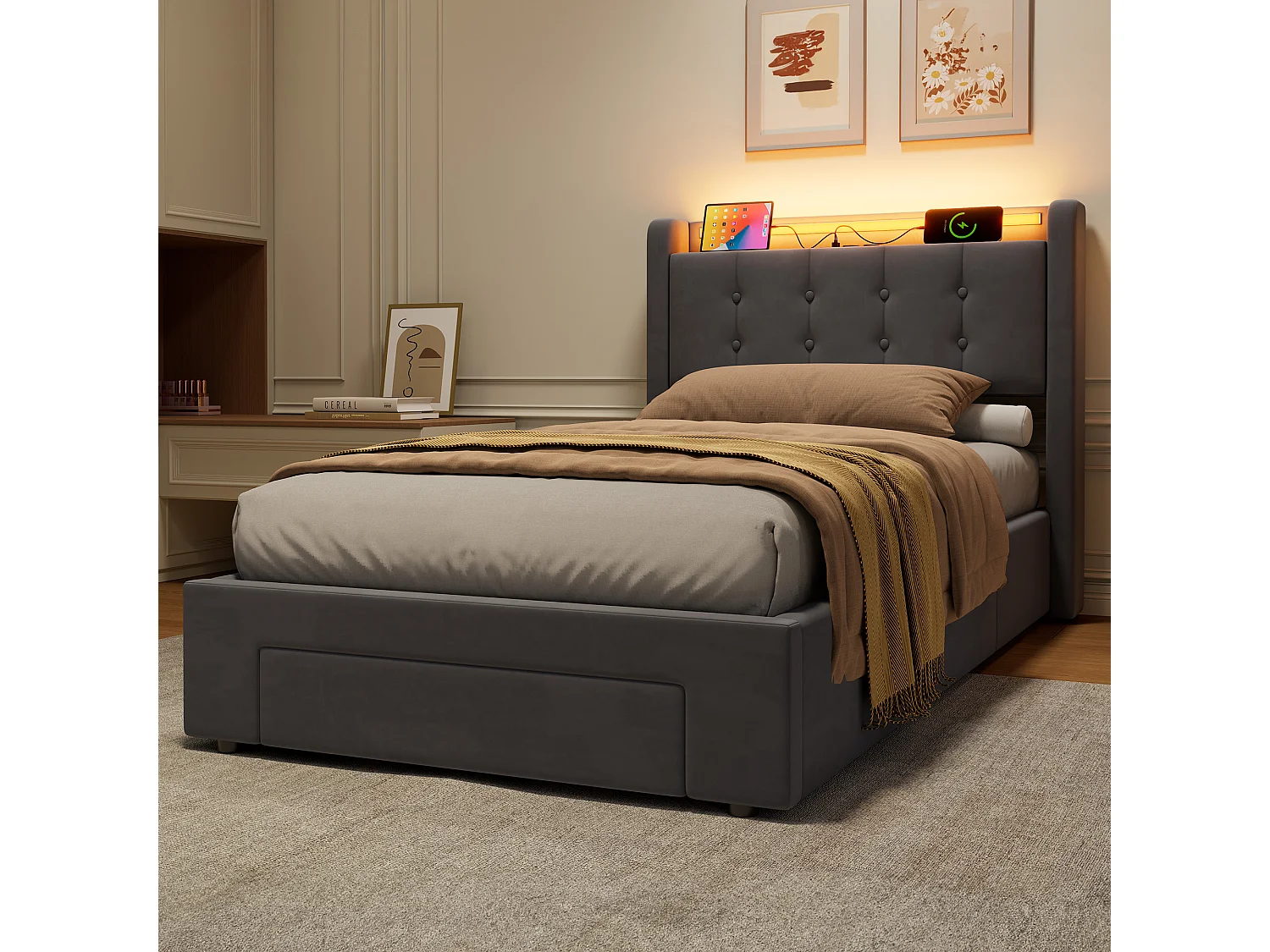 Lit coffre 90x190 cm avec tiroirs, LED, USB et sommier à lattes, rangement de chevet, en velours gris, sans matelas