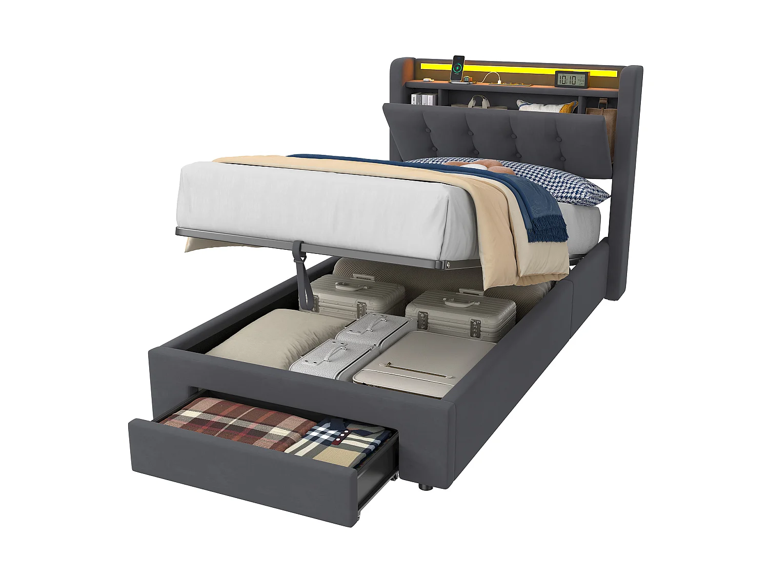 Lit coffre 90x190 cm avec tiroirs, LED, USB et sommier à lattes, rangement de chevet, en velours gris, sans matelas