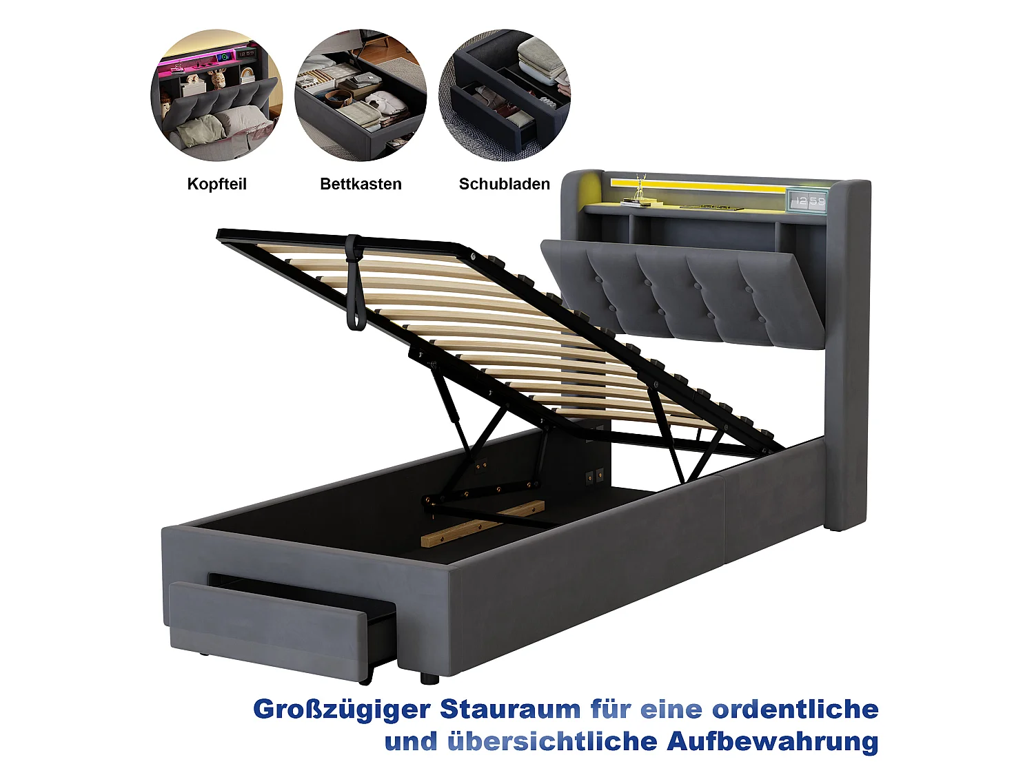 Lit coffre 90x190 cm avec tiroirs, LED, USB et sommier à lattes, rangement de chevet, en velours gris, sans matelas