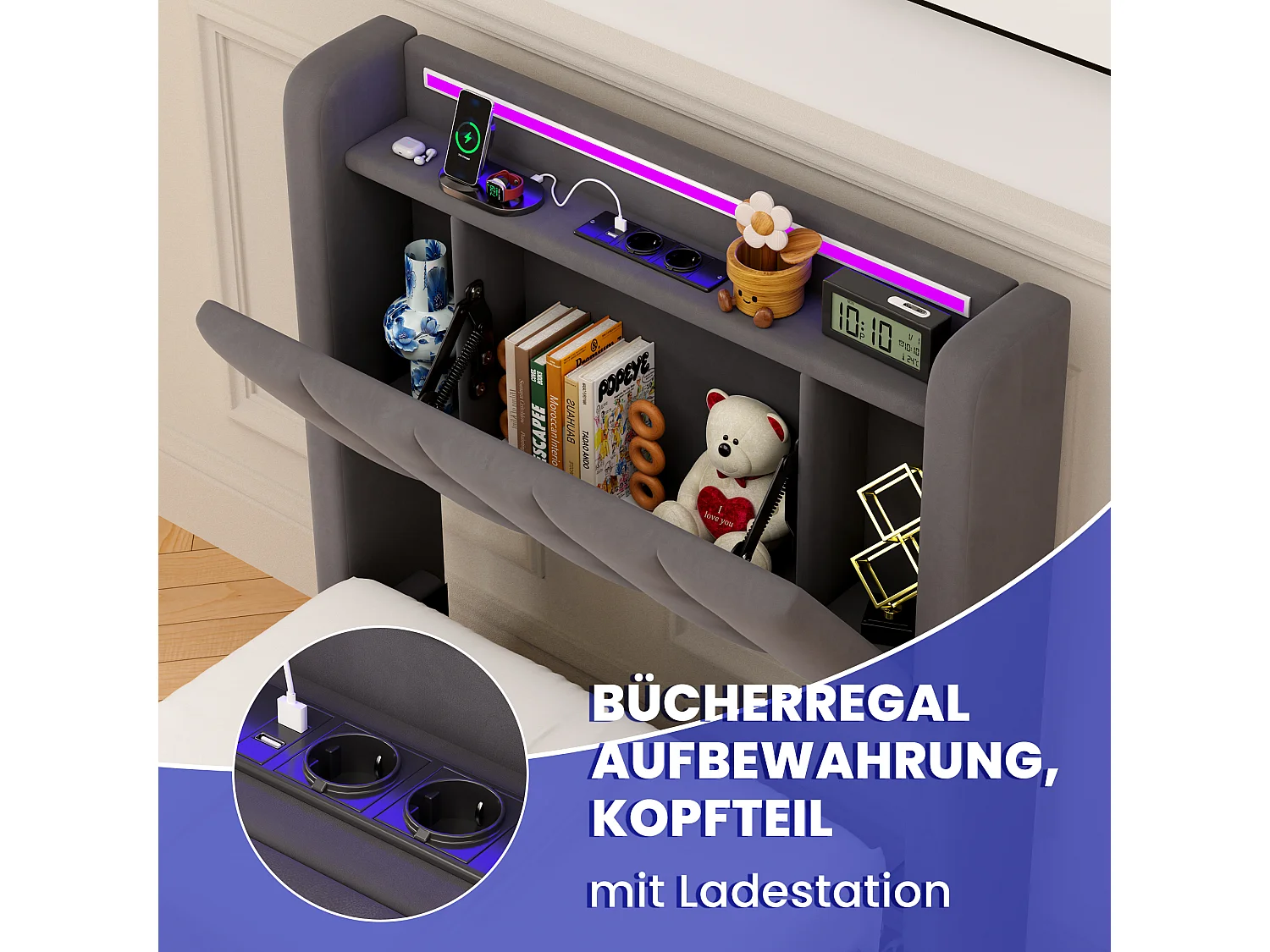 Lit coffre 90x190 cm avec tiroirs, LED, USB et sommier à lattes, rangement de chevet, en velours gris, sans matelas