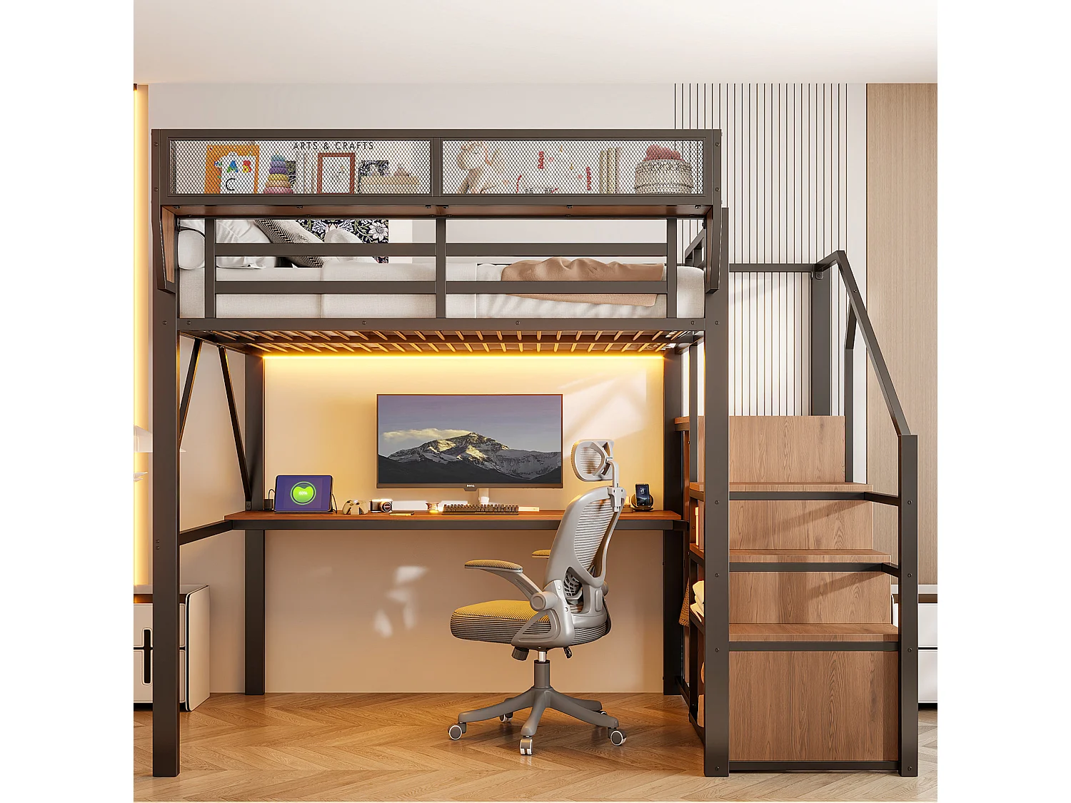 Lit mezzanine 140x200 cm en métal noir avec bureau, éclairage LED et échelle sécurisée, sans matelas