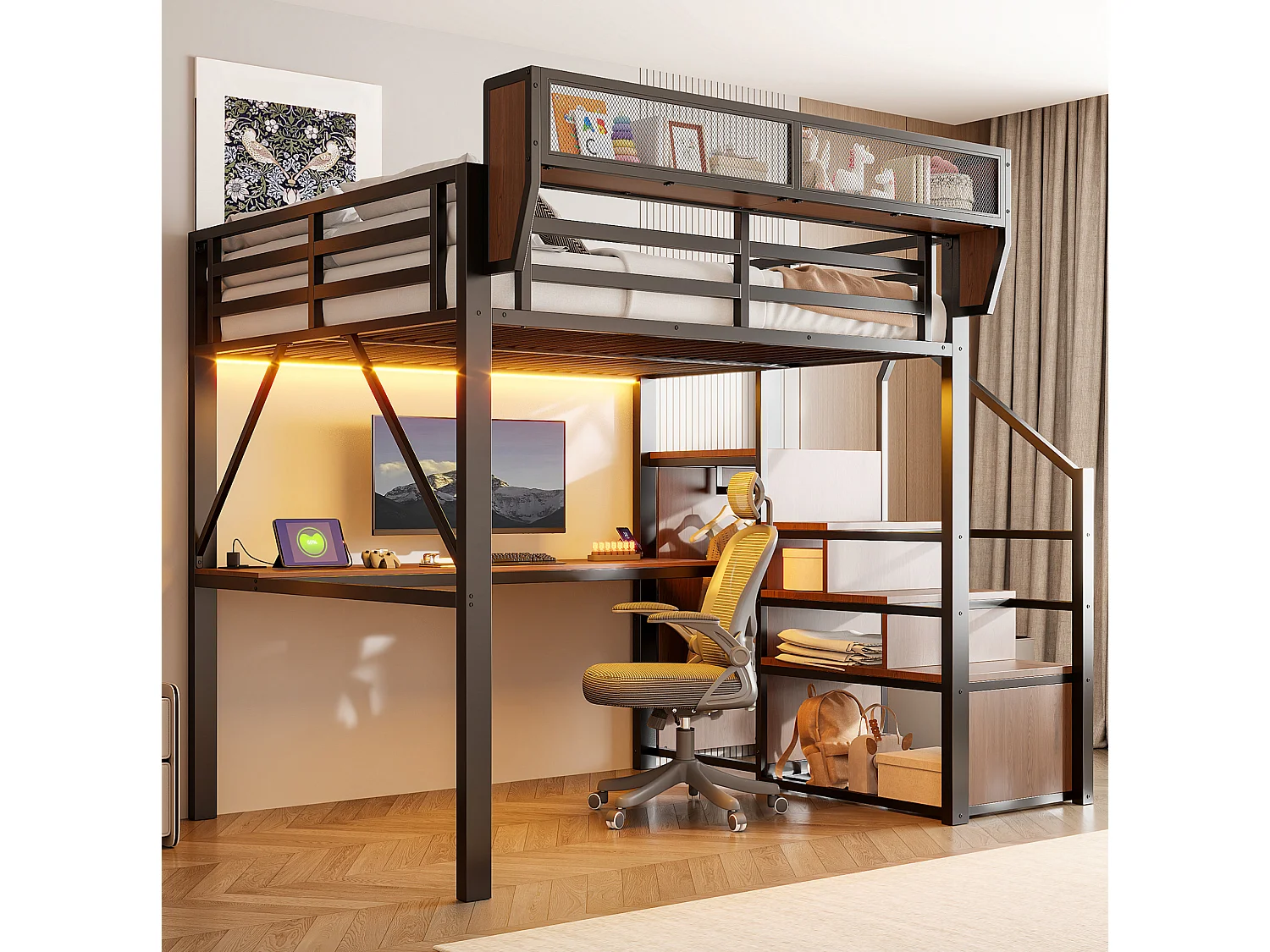 Lit mezzanine 140x200 cm en métal noir avec bureau, éclairage LED et échelle sécurisée, sans matelas
