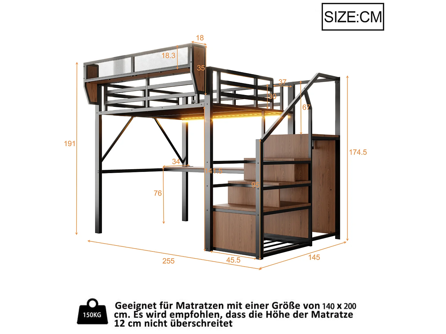 Lit mezzanine 140x200 cm en métal noir avec bureau, éclairage LED et échelle sécurisée, sans matelas