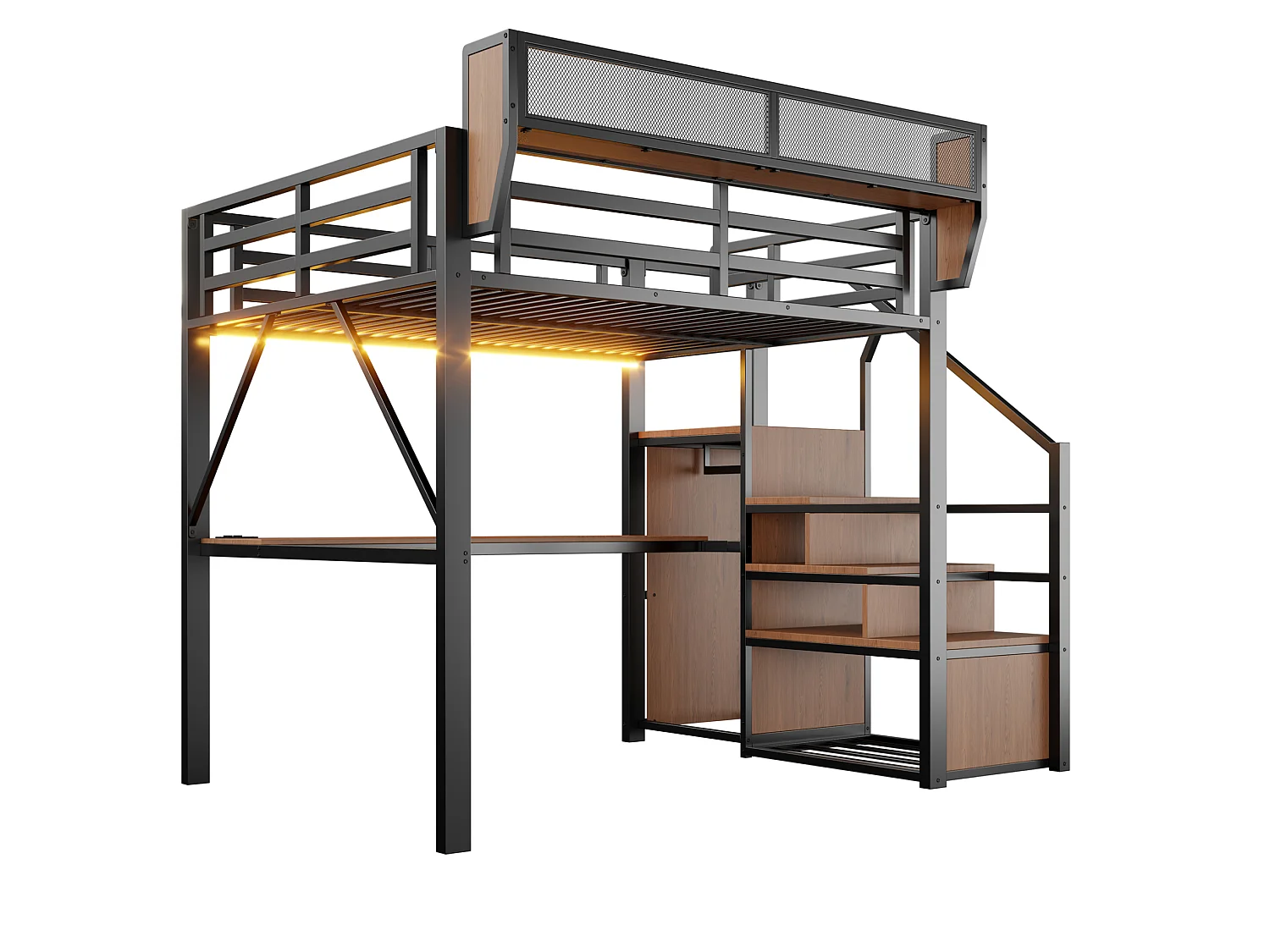 Lit mezzanine 140x200 cm en métal noir avec bureau, éclairage LED et échelle sécurisée, sans matelas
