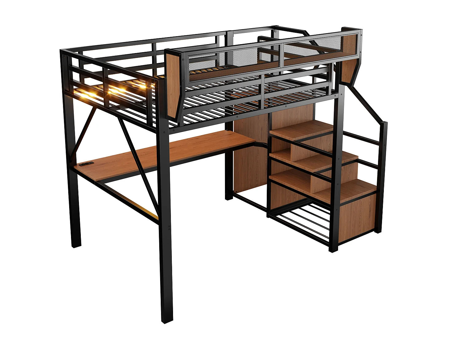 Lit mezzanine 140x200 cm en métal noir avec bureau, éclairage LED et échelle sécurisée, sans matelas