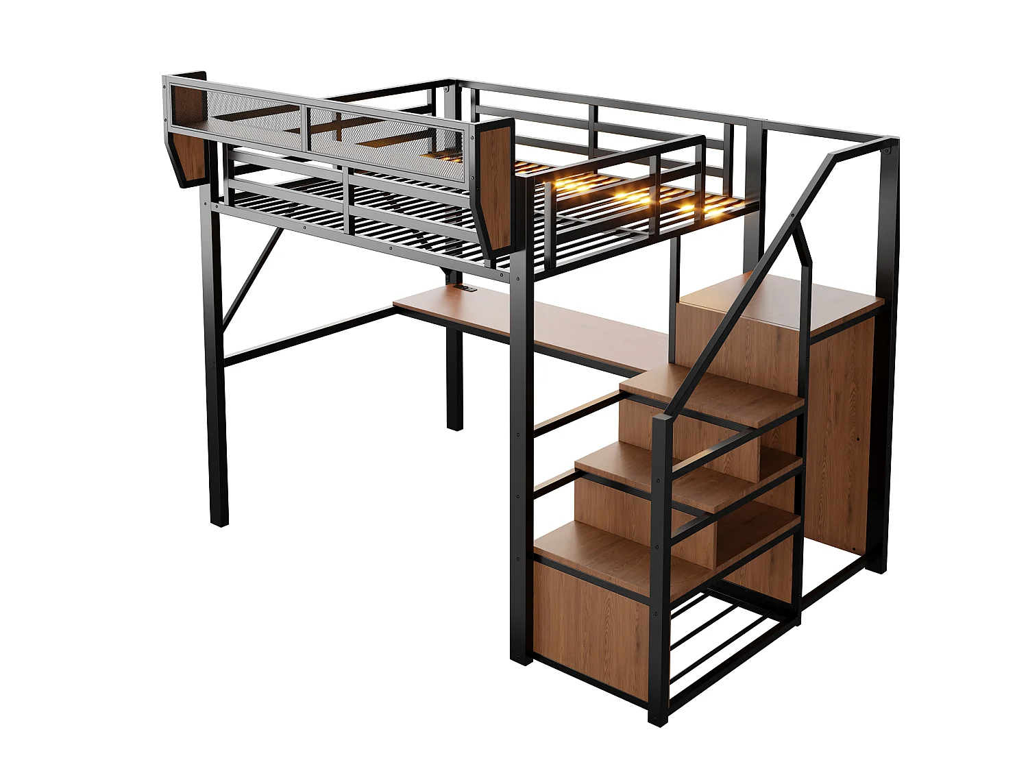 Lit mezzanine 140x200 cm en métal noir avec bureau, éclairage LED et échelle sécurisée, sans matelas
