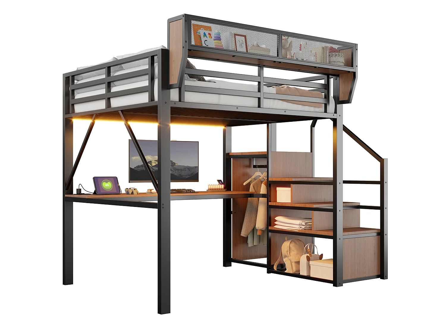 Lit mezzanine 140x200 cm en métal noir avec bureau, éclairage LED et échelle sécurisée, sans matelas