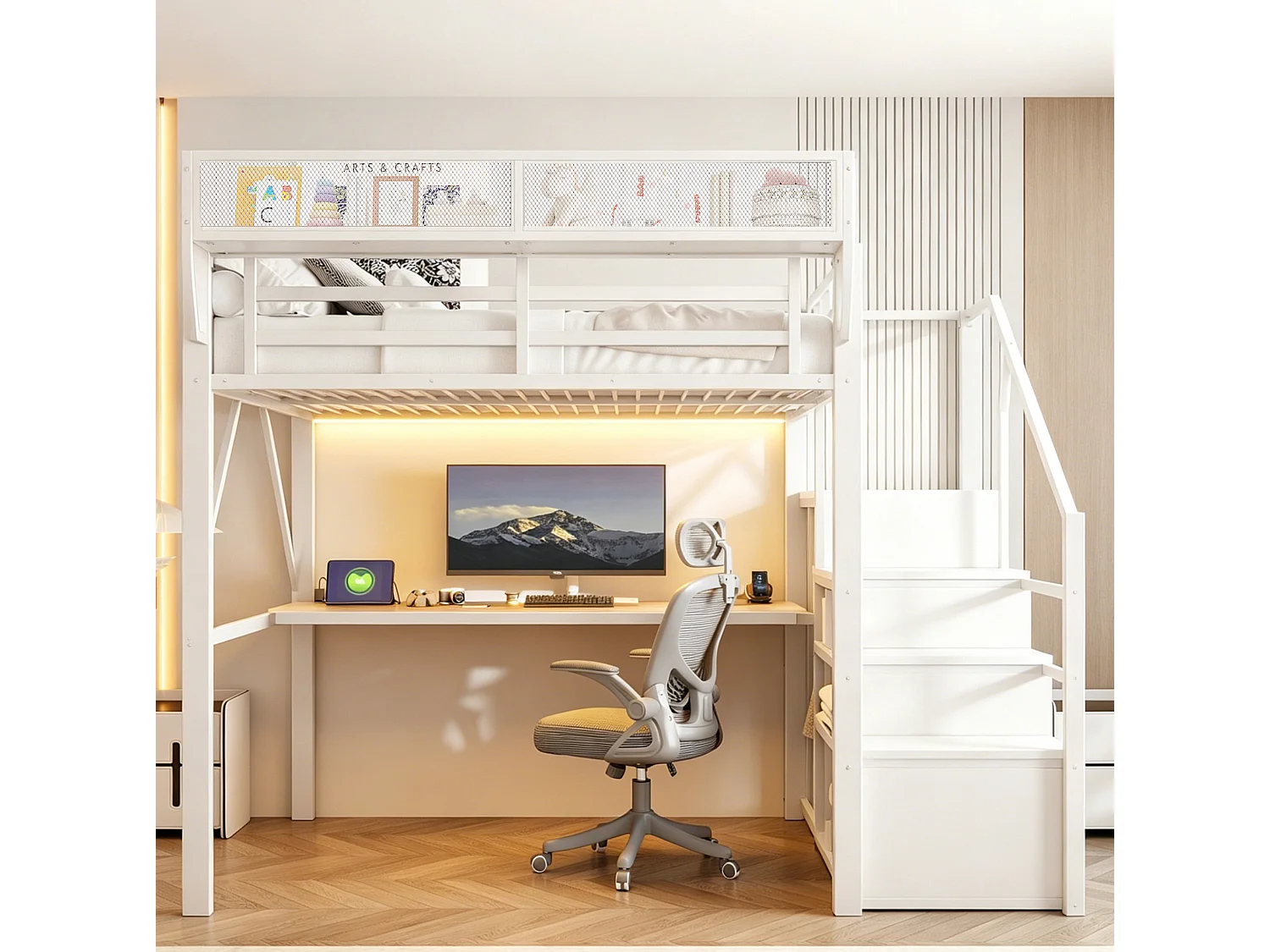 Lit mezzanine 140x200 cm en métal blanc avec bureau, éclairage LED et échelle sécurisée, sans matelas