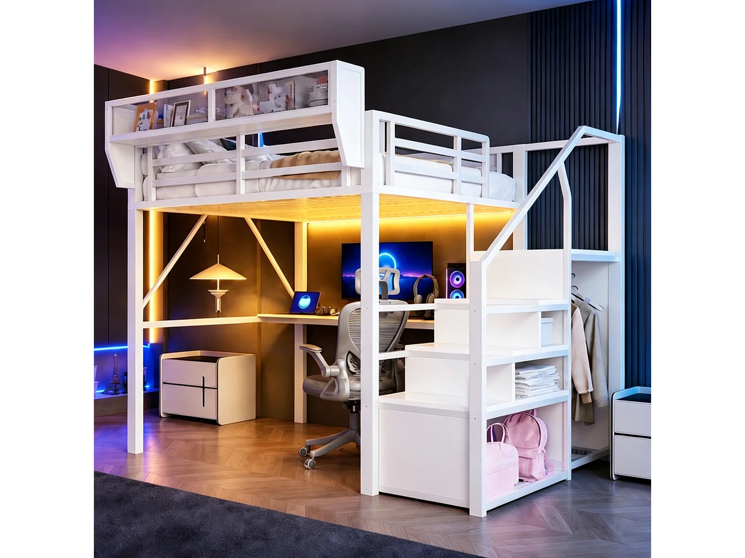 Lit mezzanine 140x200 cm en métal blanc avec bureau, éclairage LED et échelle sécurisée, sans matelas