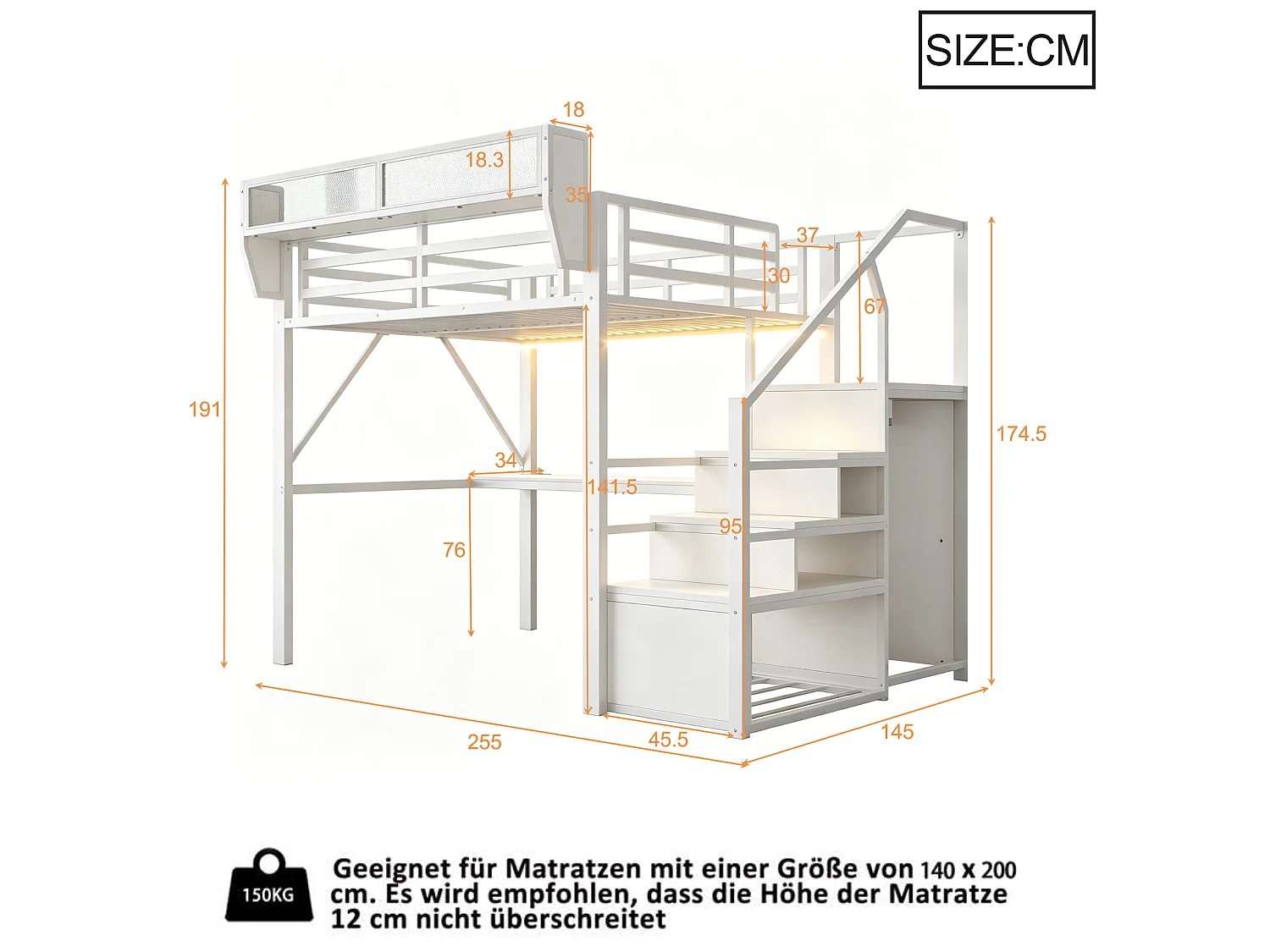 Lit mezzanine 140x200 cm en métal blanc avec bureau, éclairage LED et échelle sécurisée, sans matelas