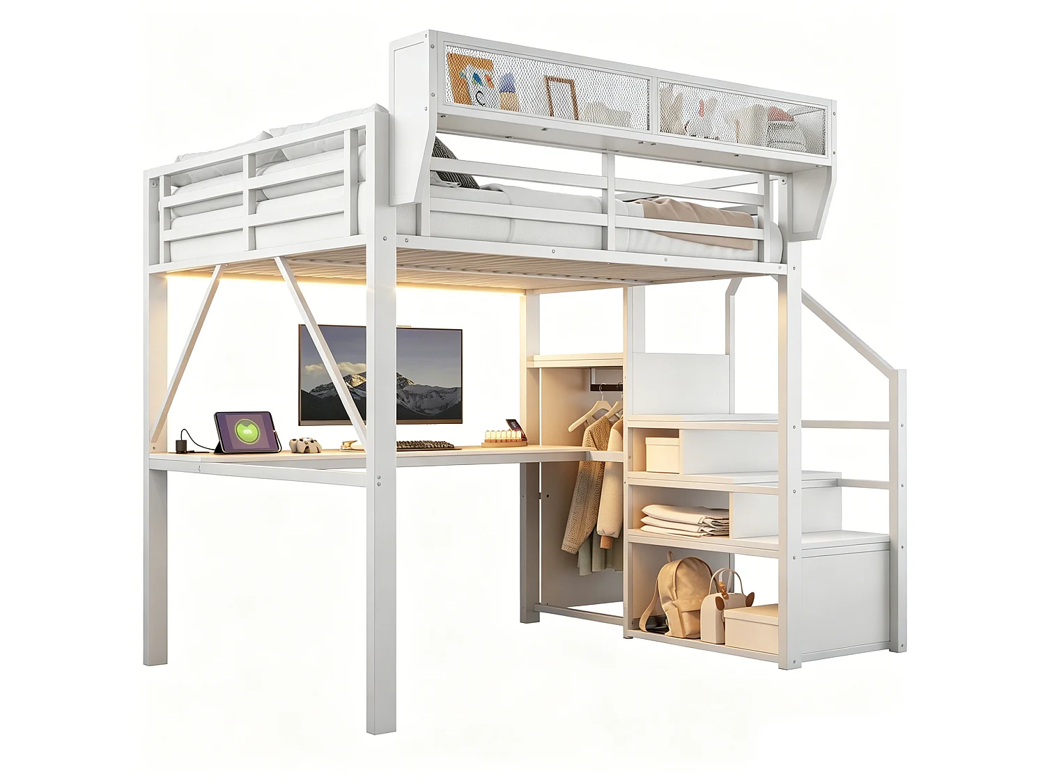 Lit mezzanine 140x200 cm en métal blanc avec bureau, éclairage LED et échelle sécurisée, sans matelas