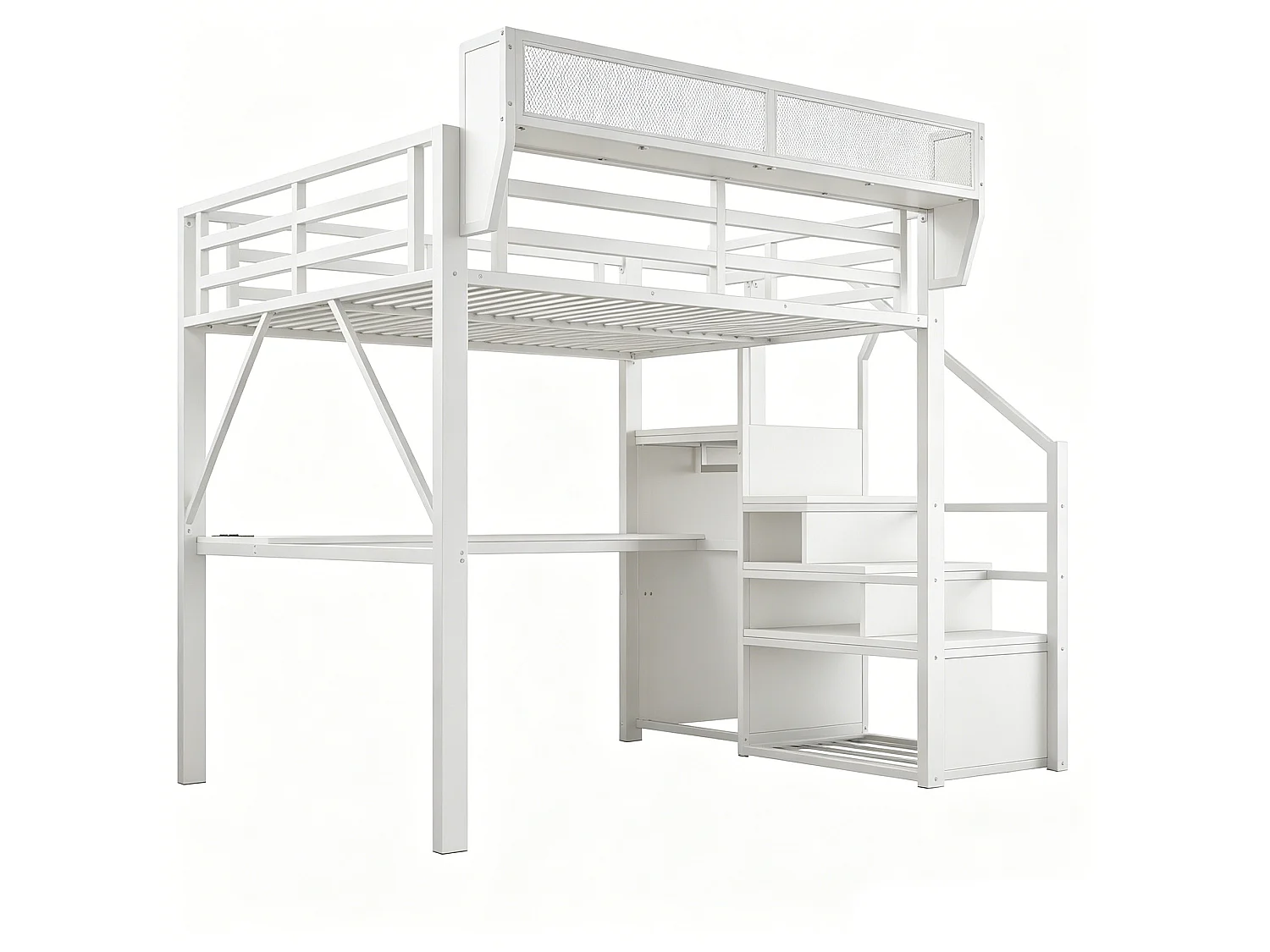 Lit mezzanine 140x200 cm en métal blanc avec bureau, éclairage LED et échelle sécurisée, sans matelas