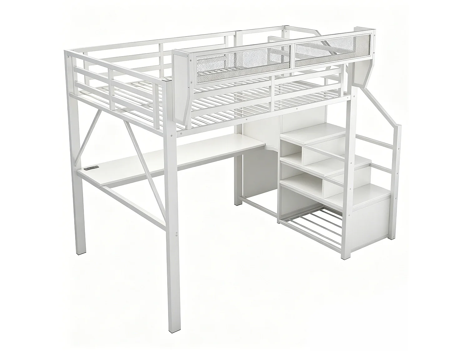 Lit mezzanine 140x200 cm en métal blanc avec bureau, éclairage LED et échelle sécurisée, sans matelas