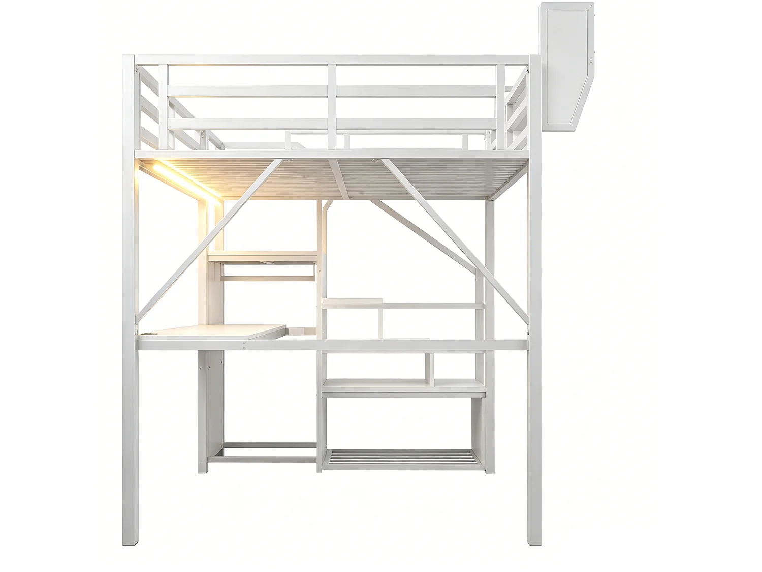 Lit mezzanine 140x200 cm en métal blanc avec bureau, éclairage LED et échelle sécurisée, sans matelas