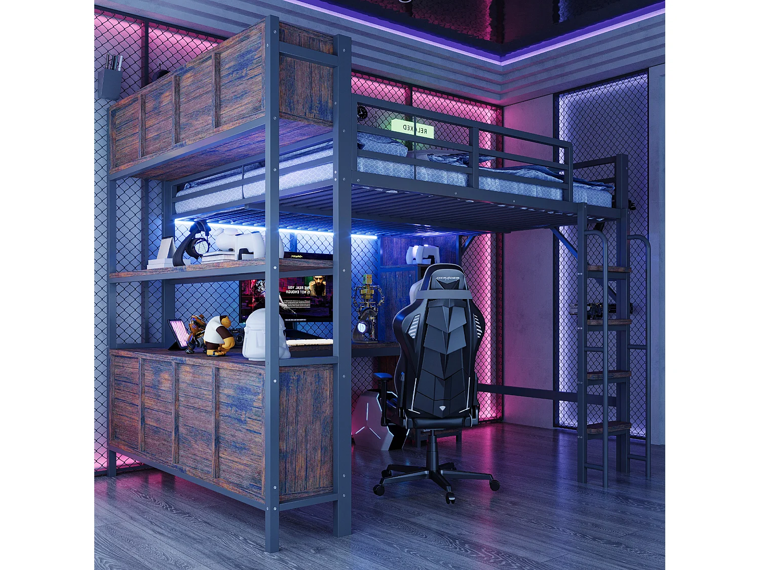 Lit mezzanine 140x200 cm en métal noir avec bureau, armoire et rangements, éclairage LED et prises EU, sans matelas
