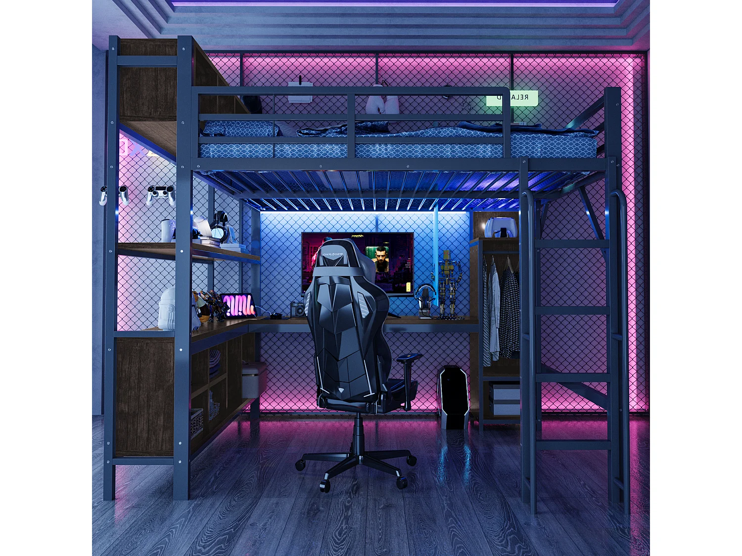 Lit mezzanine 140x200 cm en métal noir avec bureau, armoire et rangements, éclairage LED et prises EU, sans matelas